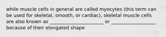 while muscle cells in general are called myocytes (this term can be used for skeletal, smooth, or cardiac), skeletal muscle cells are also known as _______________________ or ___________________ because of their elongated shape