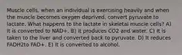 Muscle cells, when an individual is exercising heavily and when the muscle becomes oxygen deprived, convert pyruvate to lactate. What happens to the lactate in skeletal muscle cells? A) It is converted to NAD+. B) It produces CO2 and water. C) It is taken to the liver and converted back to pyruvate. D) It reduces FADH2to FAD+. E) It is converted to alcohol.