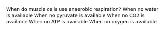 When do muscle cells use anaerobic respiration? When no water is available When no pyruvate is available When no CO2 is available When no ATP is available When no oxygen is available