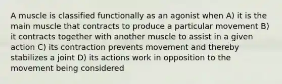 A muscle is classified functionally as an agonist when A) it is the main muscle that contracts to produce a particular movement B) it contracts together with another muscle to assist in a given action C) its contraction prevents movement and thereby stabilizes a joint D) its actions work in opposition to the movement being considered