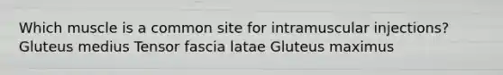 Which muscle is a common site for intramuscular injections? Gluteus medius Tensor fascia latae Gluteus maximus