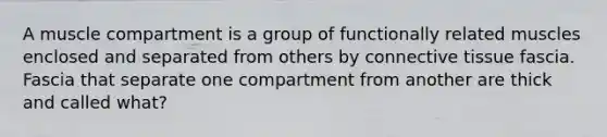 A muscle compartment is a group of functionally related muscles enclosed and separated from others by connective tissue fascia. Fascia that separate one compartment from another are thick and called what?