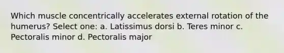 Which muscle concentrically accelerates external rotation of the humerus? Select one: a. Latissimus dorsi b. Teres minor c. Pectoralis minor d. Pectoralis major