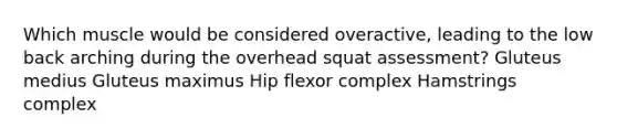 Which muscle would be considered overactive, leading to the low back arching during the overhead squat assessment? Gluteus medius Gluteus maximus Hip flexor complex Hamstrings complex