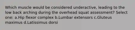 Which muscle would be considered underactive, leading to the low back arching during the overhead squat assessment? Select one: a.Hip flexor complex b.Lumbar extensors c.Gluteus maximus d.Latissimus dorsi