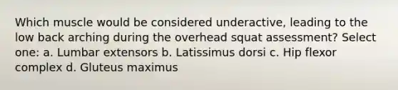 Which muscle would be considered underactive, leading to the low back arching during the overhead squat assessment? Select one: a. Lumbar extensors b. Latissimus dorsi c. Hip flexor complex d. Gluteus maximus