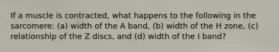 If a muscle is contracted, what happens to the following in the sarcomere: (a) width of the A band, (b) width of the H zone, (c) relationship of the Z discs, and (d) width of the I band?