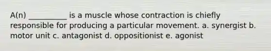 A(n) __________ is a muscle whose contraction is chiefly responsible for producing a particular movement. a. synergist b. motor unit c. antagonist d. oppositionist e. agonist