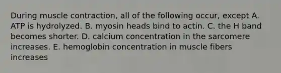 During muscle contraction, all of the following occur, except A. ATP is hydrolyzed. B. myosin heads bind to actin. C. the H band becomes shorter. D. calcium concentration in the sarcomere increases. E. hemoglobin concentration in muscle fibers increases