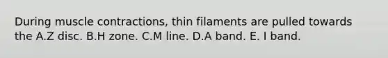 During muscle contractions, thin filaments are pulled towards the A.Z disc. B.H zone. C.M line. D.A band. E. I band.