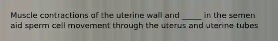 Muscle contractions of the uterine wall and _____ in the semen aid sperm cell movement through the uterus and uterine tubes