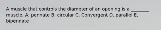 A muscle that controls the diameter of an opening is a ________ muscle. A. pennate B. circular C. Convergent D. parallel E. bipennate