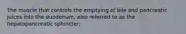 The muscle that controls the emptying of bile and pancreatic juices into the duodenum; also referred to as the hepatopancreatic sphincter;
