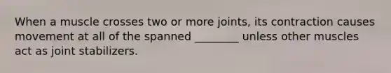 When a muscle crosses two or more joints, its contraction causes movement at all of the spanned ________ unless other muscles act as joint stabilizers.