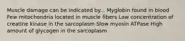 Muscle damage can be indicated by... Myglobin found in blood Few mitochondria located in muscle fibers Low concentration of creatine kinase in the sarcoplasm Slow myosin ATPase High amount of glycogen in the sarcoplasm