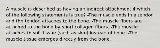 A muscle is described as having an indirect attachment if which of the following statements is true? -The muscle ends in a tendon and the tendon attaches to the bone. -The muscle fibers are attached to the bone by short collagen fibers. -The muscle attaches to soft tissue (such as skin) instead of bone. -The muscle tissue emerges directly from the bone.