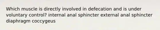 Which muscle is directly involved in defecation and is under voluntary control? internal anal sphincter external anal sphincter diaphragm coccygeus