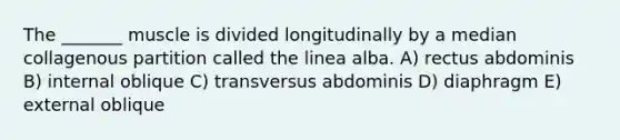 The _______ muscle is divided longitudinally by a median collagenous partition called the linea alba. A) rectus abdominis B) internal oblique C) transversus abdominis D) diaphragm E) external oblique