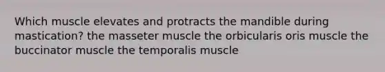 Which muscle elevates and protracts the mandible during mastication? the masseter muscle the orbicularis oris muscle the buccinator muscle the temporalis muscle