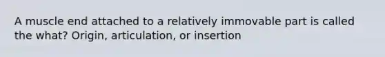 A muscle end attached to a relatively immovable part is called the what? Origin, articulation, or insertion