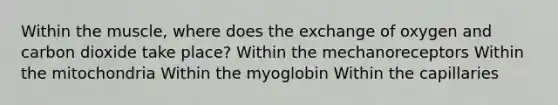 Within the muscle, where does the exchange of oxygen and carbon dioxide take place? Within the mechanoreceptors Within the mitochondria Within the myoglobin Within the capillaries