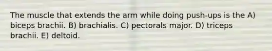 The muscle that extends the arm while doing push-ups is the A) biceps brachii. B) brachialis. C) pectorals major. D) triceps brachii. E) deltoid.