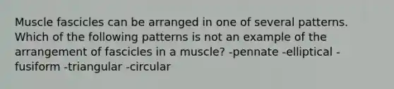 Muscle fascicles can be arranged in one of several patterns. Which of the following patterns is not an example of the arrangement of fascicles in a muscle? -pennate -elliptical -fusiform -triangular -circular