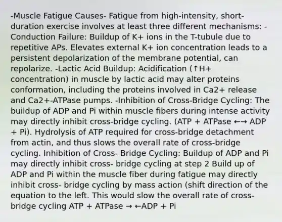 -Muscle Fatigue Causes- Fatigue from high-intensity, short-duration exercise involves at least three different mechanisms: -Conduction Failure: Buildup of K+ ions in the T-tubule due to repetitive APs. Elevates external K+ ion concentration leads to a persistent depolarization of the membrane potential, can repolarize. -Lactic Acid Buildup: Acidification (↑H+ concentration) in muscle by lactic acid may alter proteins conformation, including the proteins involved in Ca2+ release and Ca2+-ATPase pumps. -Inhibition of Cross-Bridge Cycling: The buildup of ADP and Pi within muscle fibers during intense activity may directly inhibit cross-bridge cycling. (ATP + ATPase ←→ ADP + Pi). Hydrolysis of ATP required for cross-bridge detachment from actin, and thus slows the overall rate of cross-bridge cycling. Inhibition of Cross- Bridge Cycling: Buildup of ADP and Pi may directly inhibit cross- bridge cycling at step 2 Build up of ADP and Pi within the muscle fiber during fatigue may directly inhibit cross- bridge cycling by mass action (shift direction of the equation to the left. This would slow the overall rate of cross-bridge cycling ATP + ATPase → ←ADP + Pi