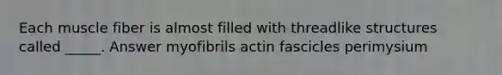 Each muscle fiber is almost filled with threadlike structures called _____. Answer myofibrils actin fascicles perimysium
