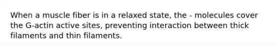 When a muscle fiber is in a relaxed state, the - molecules cover the G-actin active sites, preventing interaction between thick filaments and thin filaments.