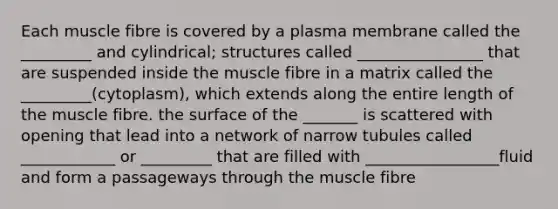 Each muscle fibre is covered by a plasma membrane called the _________ and cylindrical; structures called ________________ that are suspended inside the muscle fibre in a matrix called the _________(cytoplasm), which extends along the entire length of the muscle fibre. the surface of the _______ is scattered with opening that lead into a network of narrow tubules called ____________ or _________ that are filled with _________________fluid and form a passageways through the muscle fibre