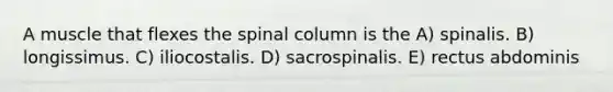 A muscle that flexes the spinal column is the A) spinalis. B) longissimus. C) iliocostalis. D) sacrospinalis. E) rectus abdominis