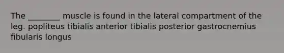 The ________ muscle is found in the lateral compartment of the leg. popliteus tibialis anterior tibialis posterior gastrocnemius fibularis longus