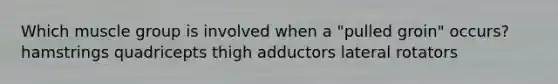 Which muscle group is involved when a "pulled groin" occurs? hamstrings quadricepts thigh adductors lateral rotators