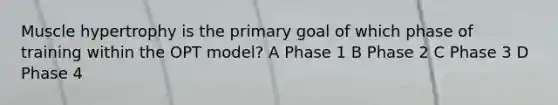 Muscle hypertrophy is the primary goal of which phase of training within the OPT model? A Phase 1 B Phase 2 C Phase 3 D Phase 4