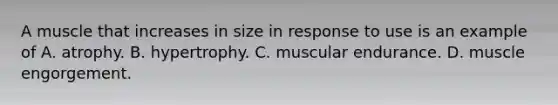 A muscle that increases in size in response to use is an example of A. atrophy. B. hypertrophy. C. muscular endurance. D. muscle engorgement.