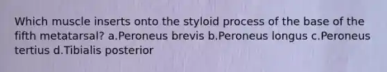 Which muscle inserts onto the styloid process of the base of the fifth metatarsal? a.Peroneus brevis b.Peroneus longus c.Peroneus tertius d.Tibialis posterior