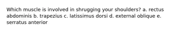 ​Which muscle is involved in shrugging your shoulders? a. ​rectus abdominis b. ​trapezius c. ​latissimus dorsi d. ​external oblique e. ​serratus anterior