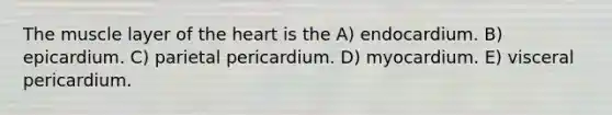 The muscle layer of the heart is the A) endocardium. B) epicardium. C) parietal pericardium. D) myocardium. E) visceral pericardium.