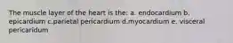 The muscle layer of the heart is the: a. endocardium b. epicardium c.parietal pericardium d.myocardium e. visceral pericaridum