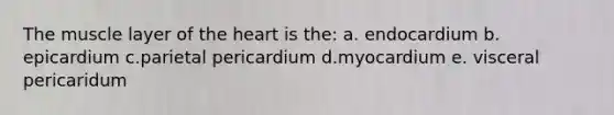 The muscle layer of the heart is the: a. endocardium b. epicardium c.parietal pericardium d.myocardium e. visceral pericaridum