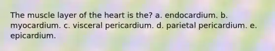 The muscle layer of the heart is the? a. endocardium. b. myocardium. c. visceral pericardium. d. parietal pericardium. e. epicardium.