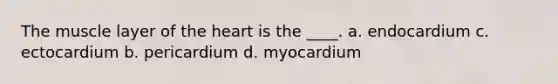 The muscle layer of the heart is the ____. a. endocardium c. ectocardium b. pericardium d. myocardium