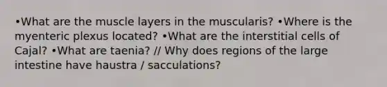 •What are the muscle layers in the muscularis? •Where is the myenteric plexus located? •What are the interstitial cells of Cajal? •What are taenia? // Why does regions of the <a href='https://www.questionai.com/knowledge/kGQjby07OK-large-intestine' class='anchor-knowledge'>large intestine</a> have haustra / sacculations?