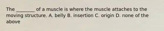 The ________ of a muscle is where the muscle attaches to the moving structure. A. belly B. insertion C. origin D. none of the above