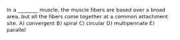 In a ________ muscle, the muscle fibers are based over a broad area, but all the fibers come together at a common attachment site. A) convergent B) spiral C) circular D) multipennate E) parallel