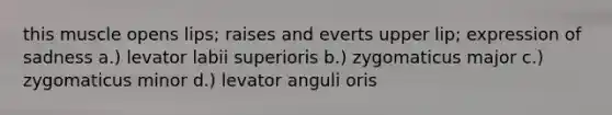 this muscle opens lips; raises and everts upper lip; expression of sadness a.) levator labii superioris b.) zygomaticus major c.) zygomaticus minor d.) levator anguli oris