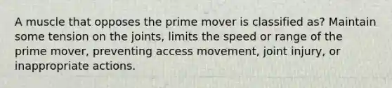 A muscle that opposes the prime mover is classified as? Maintain some tension on the joints, limits the speed or range of the prime mover, preventing access movement, joint injury, or inappropriate actions.