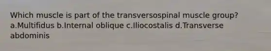 Which muscle is part of the transversospinal muscle group? a.Multifidus b.Internal oblique c.Iliocostalis d.Transverse abdominis