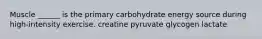 Muscle ______ is the primary carbohydrate energy source during high-intensity exercise. creatine pyruvate glycogen lactate